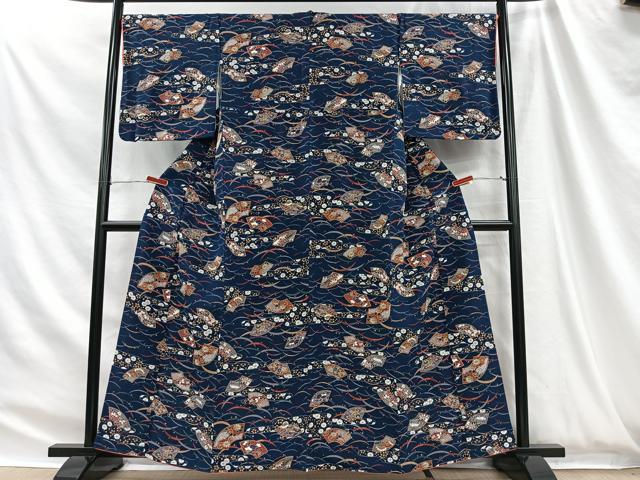 平和屋着物■上質な小紋　エ霞地紙草花文　金彩　鬼しぼ縮緬　正絹　逸品　CABH3433ua