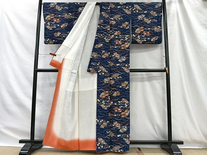 平和屋着物■上質な小紋　エ霞地紙草花文　金彩　鬼しぼ縮緬　正絹　逸品　CABH3433ua