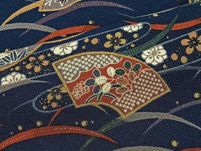 平和屋着物■上質な小紋　エ霞地紙草花文　金彩　鬼しぼ縮緬　正絹　逸品　CABH3433ua