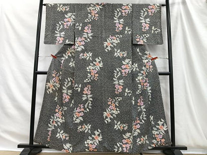 平和屋着物■上質な小紋　草花文　たたき染め　黒地　金彩　正絹　逸品　CABH3434ua