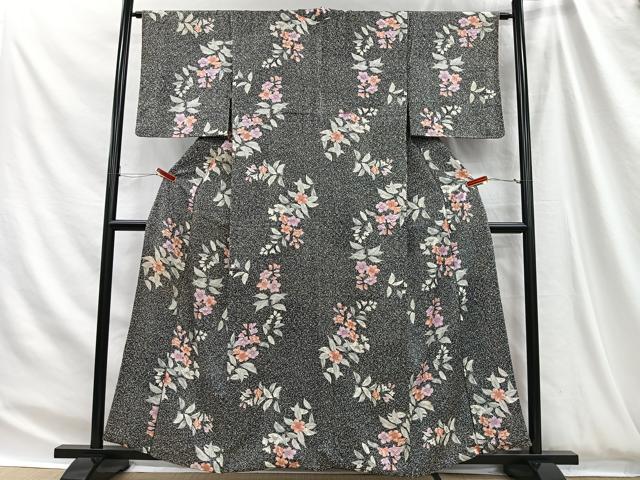 平和屋着物■上質な小紋　草花文　たたき染め　黒地　金彩　正絹　逸品　CABH3434ua