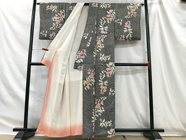 平和屋着物■上質な小紋　草花文　たたき染め　黒地　金彩　正絹　逸品　CABH3434ua