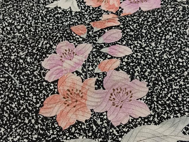 平和屋着物■上質な小紋　草花文　たたき染め　黒地　金彩　正絹　逸品　CABH3434ua