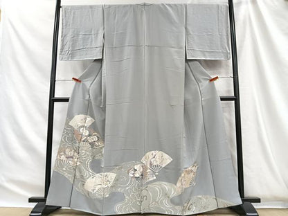 平和屋着物■色留訪問着　駒刺繍　扇面草花文　金彩　正絹　逸品　CABH3450ua