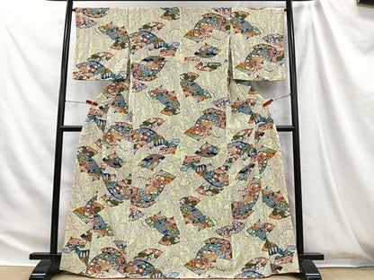 平和屋着物■上質な小紋　扇面風景花文　金彩　正絹　逸品　CABH3456ua