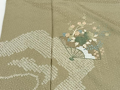 平和屋着物■訪問着　刺繍　絞り　扇面花文　正絹　逸品　CABH3478ua