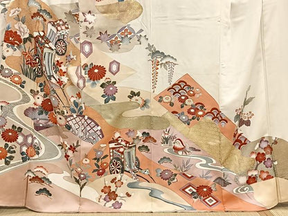 平和屋着物■豪華振袖　御所車草花文　金彩　正絹　逸品　CABH3545ua