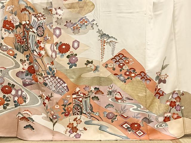 平和屋着物■豪華振袖　御所車草花文　金彩　正絹　逸品　CABH3545ua