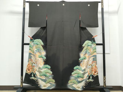 平和屋着物●アンティーク　大正ロマン　黒留袖　駒刺繍　御所車枝松文　正絹　逸品　CABH3605th