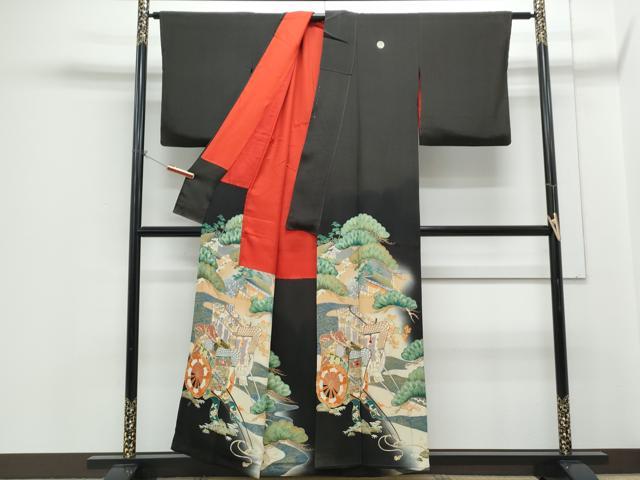 平和屋着物●アンティーク　大正ロマン　黒留袖　駒刺繍　御所車枝松文　正絹　逸品　CABH3605th