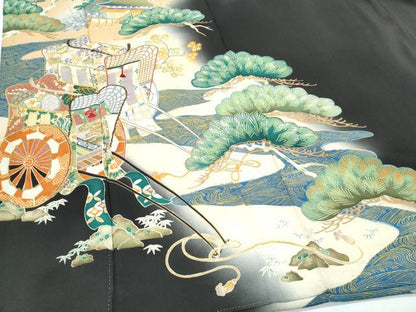 平和屋着物●アンティーク　大正ロマン　黒留袖　駒刺繍　御所車枝松文　正絹　逸品　CABH3605th