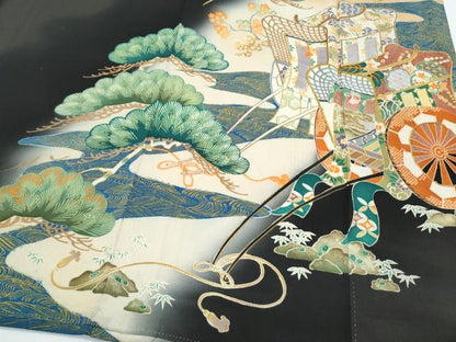 平和屋着物●アンティーク　大正ロマン　黒留袖　駒刺繍　御所車枝松文　正絹　逸品　CABH3605th