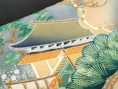平和屋着物●アンティーク　大正ロマン　黒留袖　駒刺繍　御所車枝松文　正絹　逸品　CABH3605th