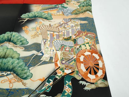 平和屋着物●アンティーク　大正ロマン　黒留袖　駒刺繍　御所車枝松文　正絹　逸品　CABH3605th
