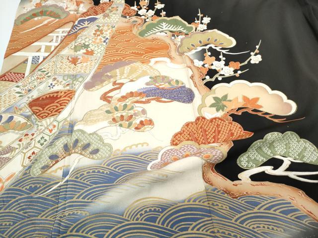 平和屋着物●アンティーク　大正ロマン　黒留袖　松竹梅　金彩　正絹　逸品　CABH3606th