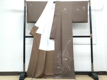 平和屋着物●訪問着　紬地　ろうけつ染め　枝葉文　正絹　逸品　未使用　CABH3618th
