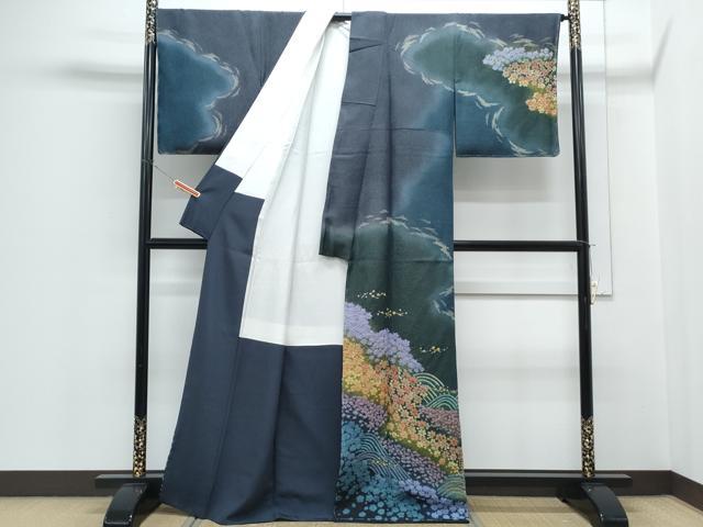 平和屋着物●訪問着　泥染め　重ね絞り　舞花文　暈し染め　金通し地　正絹　逸品　CABH3619th