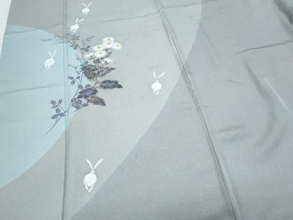 平和屋着物●訪問着　うさぎ　草花文　銀通し地　正絹　逸品　CABH3624th