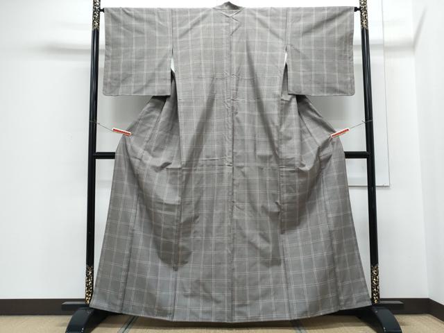 平和屋着物●士乎路紬　格子文　加納別誂　反端付き　正絹　逸品　CABH3626th