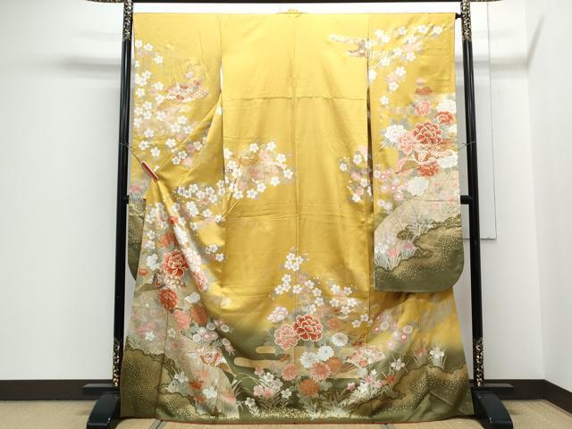 平和屋着物●豪華振袖　駒刺繍　扇面花蝶文　暈し染め　金彩　正絹　逸品　CABH3633th