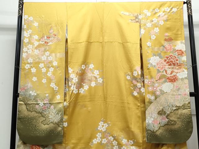 平和屋着物●豪華振袖　駒刺繍　扇面花蝶文　暈し染め　金彩　正絹　逸品　CABH3633th