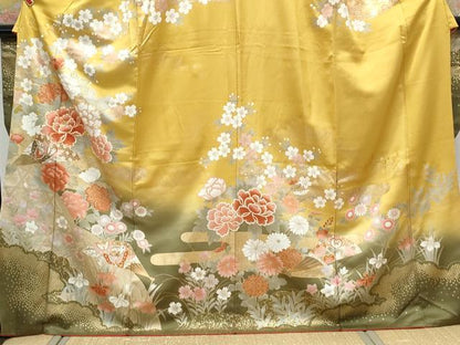 平和屋着物●豪華振袖　駒刺繍　扇面花蝶文　暈し染め　金彩　正絹　逸品　CABH3633th