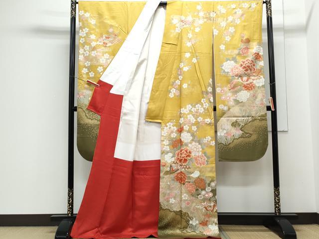 平和屋着物●豪華振袖　駒刺繍　扇面花蝶文　暈し染め　金彩　正絹　逸品　CABH3633th