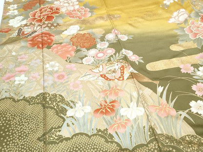 平和屋着物●豪華振袖　駒刺繍　扇面花蝶文　暈し染め　金彩　正絹　逸品　CABH3633th