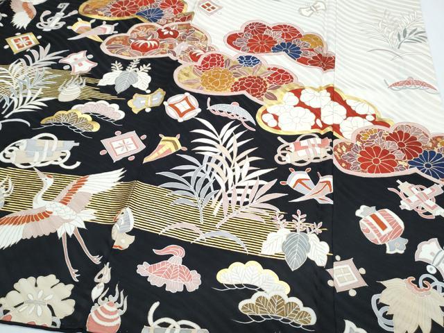 平和屋着物●豪華振袖　駒刺繍　宝尽くし飛鶴花文　金彩　正絹　逸品　CABH3673th