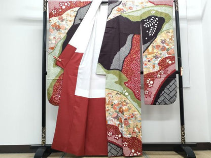 平和屋着物●豪華振袖　駒刺繍　絞り　鴛鴦花文　金彩　正絹　逸品　CABH3675th