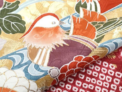平和屋着物●豪華振袖　駒刺繍　絞り　鴛鴦花文　金彩　正絹　逸品　CABH3675th