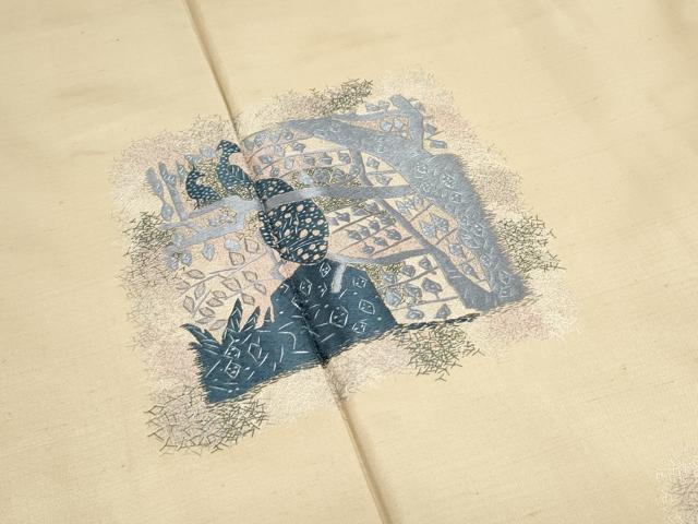 平和屋着物●訪問着　紬地　乱針刺繍　吉祥文　正絹　逸品　未使用　CABH3679th
