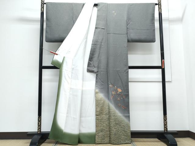 平和屋着物●訪問着　刺繍　扇面枝花文　暈し染め　金通し地　正絹　逸品　CABH3681th