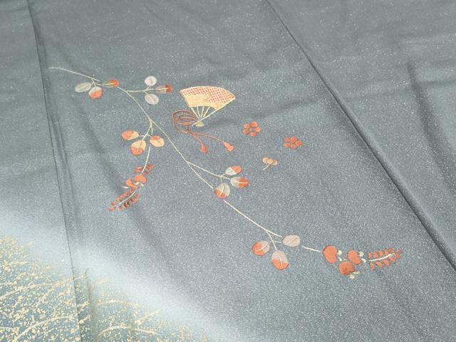 平和屋着物●訪問着　刺繍　扇面枝花文　暈し染め　金通し地　正絹　逸品　CABH3681th