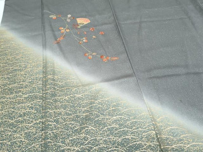平和屋着物●訪問着　刺繍　扇面枝花文　暈し染め　金通し地　正絹　逸品　CABH3681th