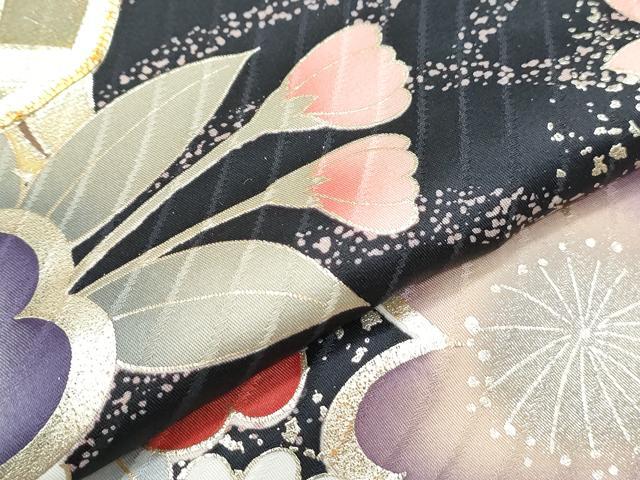平和屋着物●豪華振袖　駒刺繍　糸巻き花文　黒地　金彩　正絹　逸品　CABH3707th