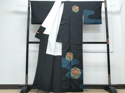 平和屋着物●訪問着　流水草花文　黒地　金彩　正絹　逸品　CABH3709th
