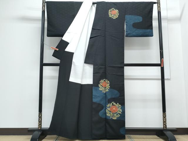 平和屋着物●訪問着　流水草花文　黒地　金彩　正絹　逸品　CABH3709th
