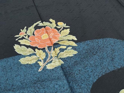 平和屋着物●訪問着　流水草花文　黒地　金彩　正絹　逸品　CABH3709th