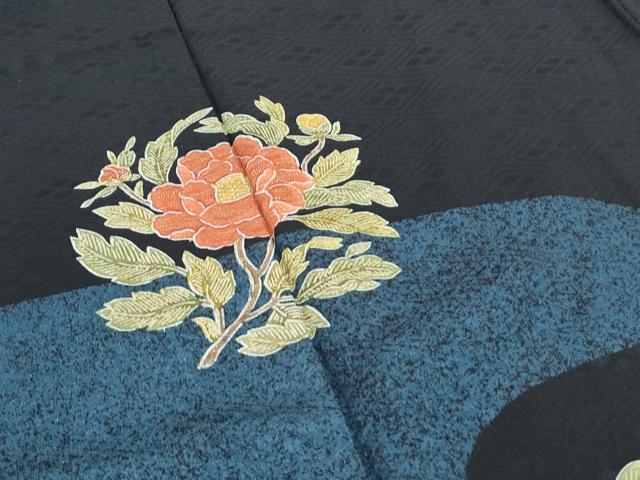 平和屋着物●訪問着　流水草花文　黒地　金彩　正絹　逸品　CABH3709th