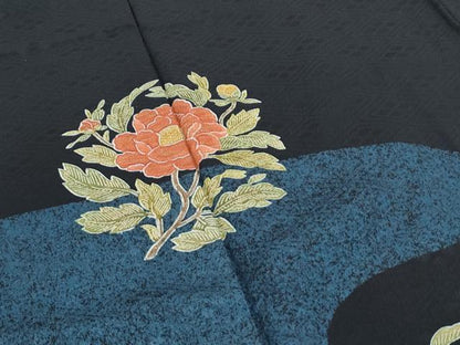 平和屋着物●訪問着　流水草花文　黒地　金彩　正絹　逸品　CABH3709th