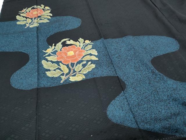 平和屋着物●訪問着　流水草花文　黒地　金彩　正絹　逸品　CABH3709th