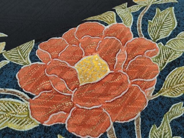 平和屋着物●訪問着　流水草花文　黒地　金彩　正絹　逸品　CABH3709th
