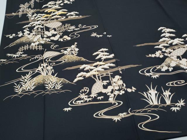 平和屋着物●訪問着　駒刺繍　松竹梅　黒地　金銀彩　正絹　逸品　CABH3746th