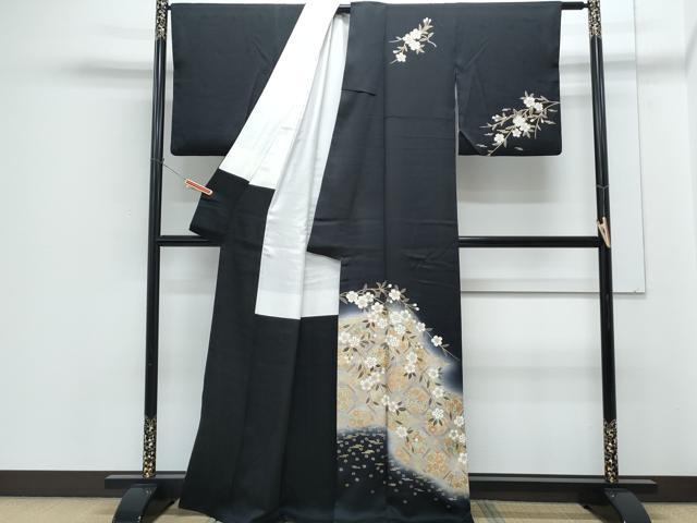 平和屋着物●訪問着　天井花丸文　暈し染め　黒地　金彩　正絹　逸品　CABH3749th