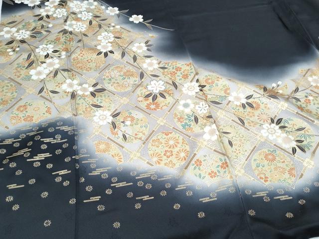 平和屋着物●訪問着　天井花丸文　暈し染め　黒地　金彩　正絹　逸品　CABH3749th