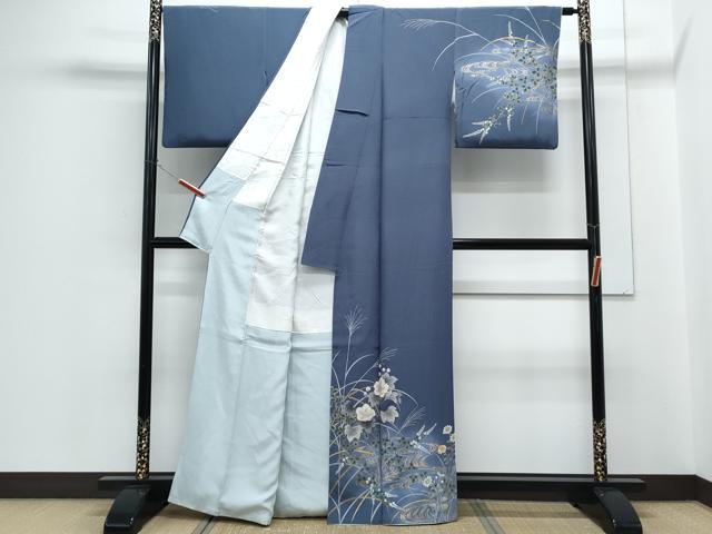 平和屋着物●絵師　津守順　訪問着　駒刺繍　流水草花文　暈し染め　金彩　正絹　逸品　CABH3753th