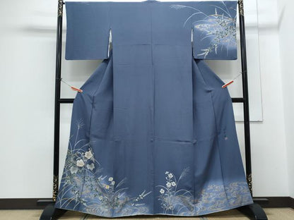 平和屋着物●絵師　津守順　訪問着　駒刺繍　流水草花文　暈し染め　金彩　正絹　逸品　CABH3753th