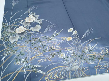 平和屋着物●絵師　津守順　訪問着　駒刺繍　流水草花文　暈し染め　金彩　正絹　逸品　CABH3753th