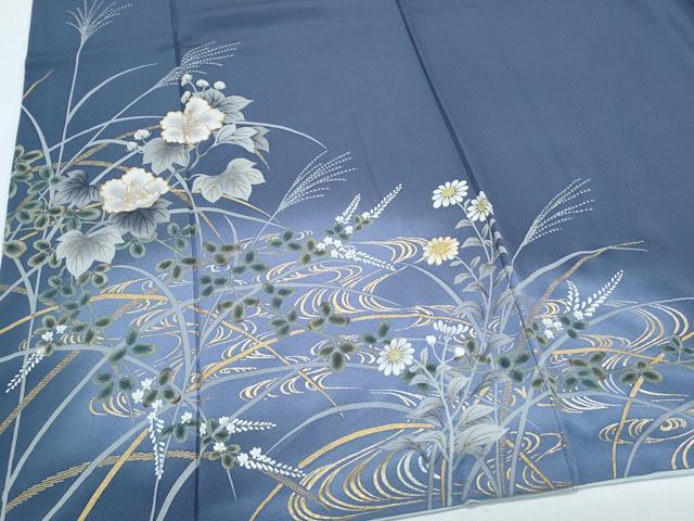 平和屋着物●絵師　津守順　訪問着　駒刺繍　流水草花文　暈し染め　金彩　正絹　逸品　CABH3753th
